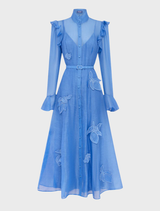Chic azure midi dress with butterfly sleeves and exquisite appliqué, suitable for both casual and formal events.