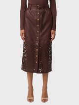 Custom laser-cut midi skirt in oxblood leather, featuring a unique and modern design for a chic look.