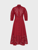 Elegant garnet Letitia Shirt Dress, featuring a button-down front and a tailored fit, perfect for casual or formal occasions.