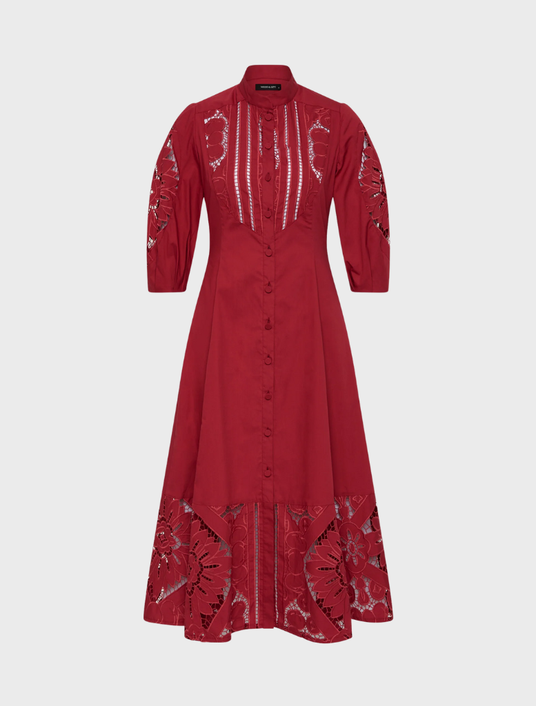 Elegant garnet Letitia Shirt Dress, featuring a button-down front and a tailored fit, perfect for casual or formal occasions.