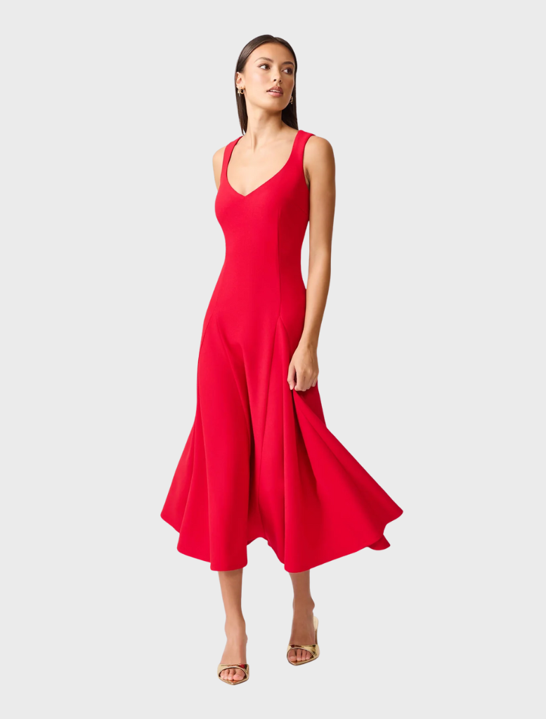  Stylish crimson Lila A-Line midi dress with a structured bodice and a flattering, flowing skirt for special occasions