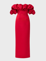 Elegant red off-shoulder column gown by Lucetta, designed for a chic and formal appearance.