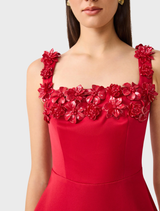 Lucetta's red fit and flare midi dress featuring a square neck, elegantly draped on a mannequin for display.