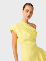 One-shoulder yellow gown adorned with ruffles, showcasing a stylish and contemporary silhouette.