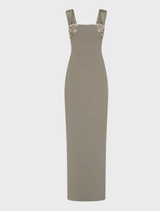 Malia gown in a soft smoke hue, designed with a flattering fit and elegant draping for a timeless appearance.