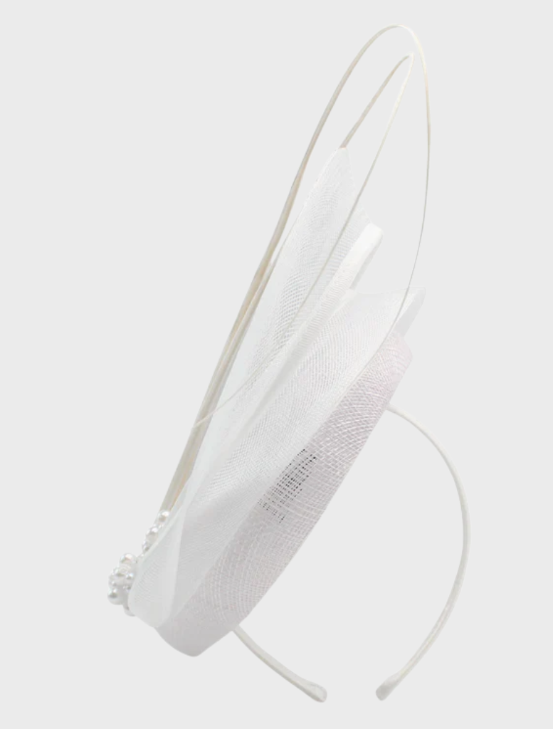 Chic white Molly fascinator showcasing refined design, perfect accessory for upscale events and celebrations.
