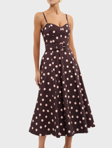 Vivianne Strap Midi Dress with a charming polka dot motif, offering a blend of sophistication and casual elegance.