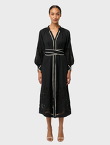 Rhea Tencel Maxi Dress in black, showcasing beautiful embroidery and a graceful, long design.