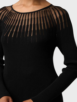Black Rhiannon top in a sheer knit fabric, combining viscose and nylon for a lightweight and fashionable appearance.