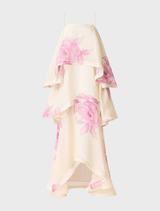 Rova's cream and pink floral gown with tiered design, highlighting its delicate fabric and stylish appearance.