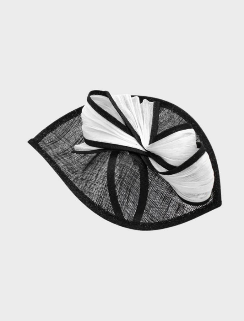 Fashionable black and white Xanthia fascinator adorned with unique accents, perfect for adding flair to any formal outfit.