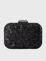 Elegant black ELENA Appliquéd Clutch featuring sequins, a removable chain, and a spacious interior for essentials.
