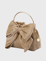 Elegant champagne top handle bag with slight sheen, detachable chain, and protective dust bag included.