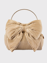 Champagne pleated top handle bag with magnetic closure, detachable shoulder chain, and gold-tone hardware.