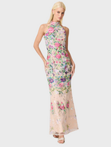 A stylish floral gown made from a delicate floral print fabric, emphasizing its beautiful patterns and colors.

