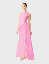 A stunning pink Amelina Sash Gown, designed with a flowing shape and a chic sash for an elegant appearance.