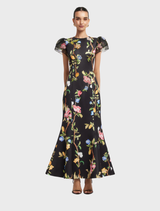 Puff sleeve maxi dress featuring a lemon vine print on an ebony background, showcasing elegant embellishments.