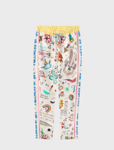 A model is dressed in a colorful pajama set, showcasing playful and vibrant designs.
