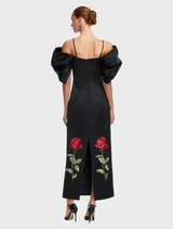 Sophisticated ebony maxi dress showcasing exquisite embroidery, suitable for upscale events and celebrations.