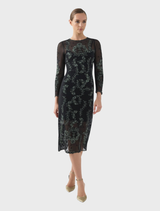 Chic emerald and black Simone Shift dress, highlighting a contemporary style ideal for both day and evening wear.