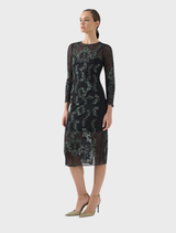 Elegant Simone Shift dress in emerald and black, showcasing a modern design perfect for formal or casual events.