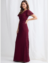 Elegant wine lace dress by Emery, showcasing delicate lace patterns and a flattering design.