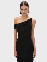 Black Emile gown hanging on a hanger, featuring a sleek silhouette and intricate detailing for a formal look.