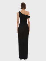 Black Emile gown presented on a model, emphasizing its graceful lines and chic design for special occasions.