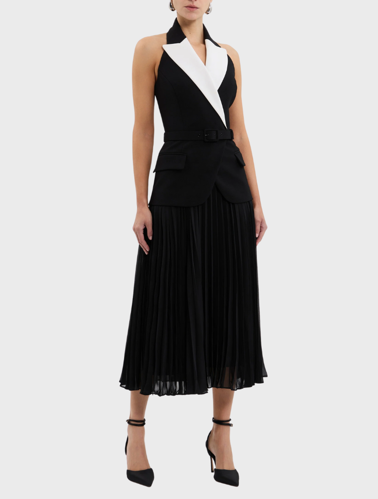A chic black and white dress adorned with a white collar.