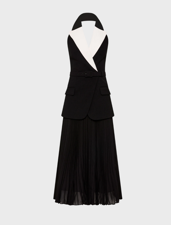 A black and white dress featuring a contrasting white collar.