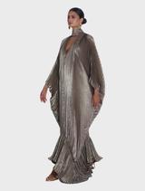 Full-length Empire Gown in dark gold shimmer, showcasing a deep V neckline, flowing sleeves, and a ruffled hemline.