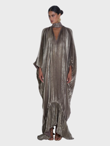 Elegant dark gold shimmer gown with a deep V neckline, dramatic sleeves, and a soft ruffled hem for a sophisticated look.