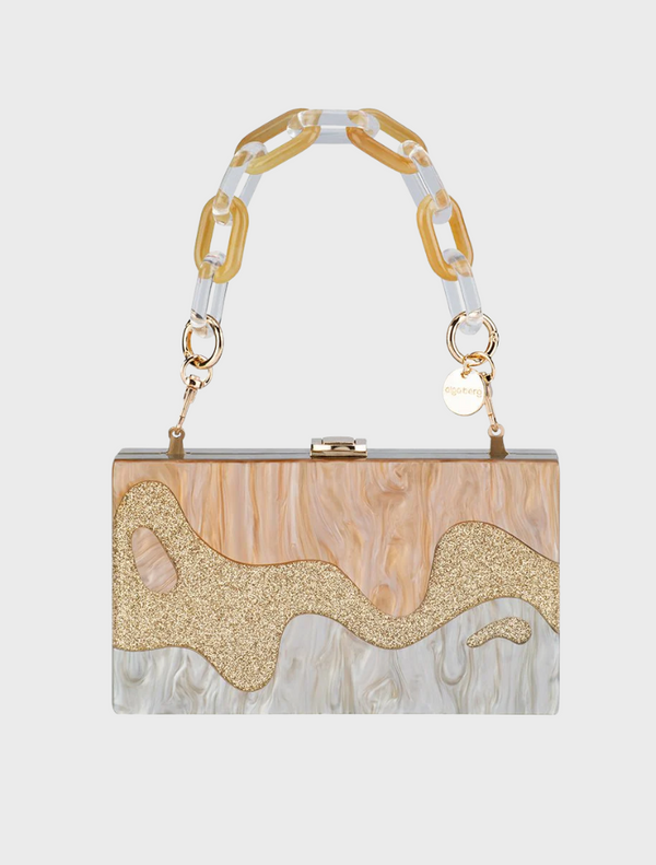 Gold and white handbag featuring a stylish chain strap, elegantly designed for a chic look.