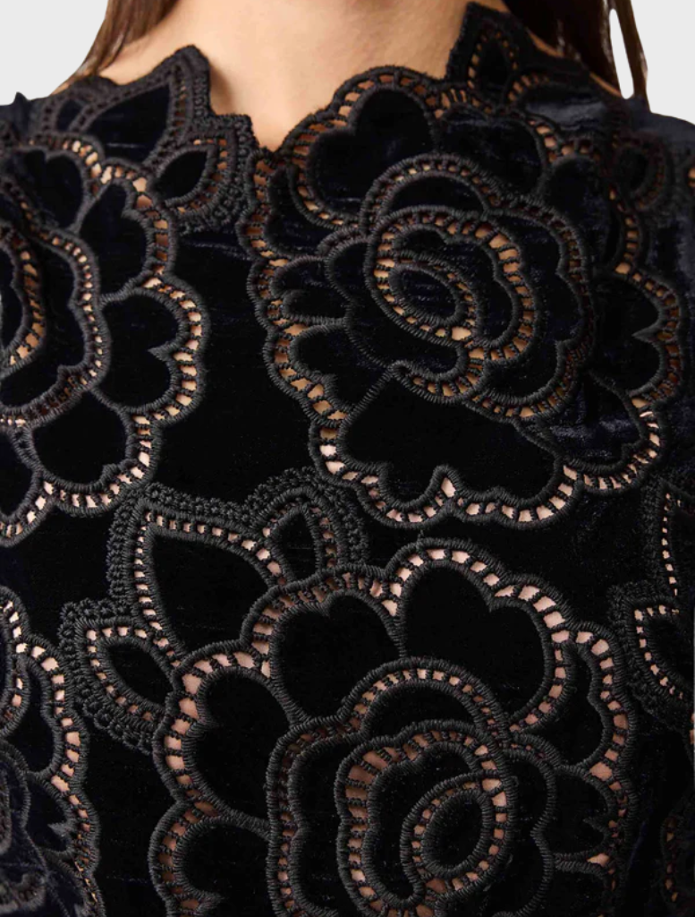 Beautiful black lace dress, an ideal selection for a night out, emphasizing its intricate lace and elegant fit.