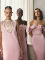 Elegant rose pink shift mini dress featuring a collared neckline, sheer panel, and pearl accents for refined styling.