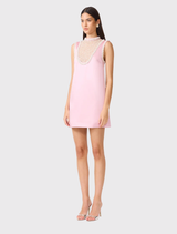 Chic rose pink mini dress with a structured collar and pearl trim, perfect for weddings and cocktail parties.