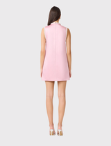 Elegant rose pink shift mini dress featuring a collared neckline, sheer panel, and pearl accents for refined styling.