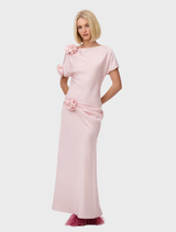 The Evangeline Gown in Fairy showcases a bias cut design, cut-out shoulders, and rosette appliqué, perfect for formal events.