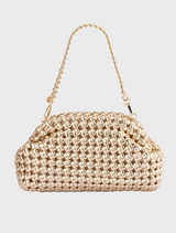Gold woven clutch bag crafted from intricate woven material, showcasing a stylish and elegant design.