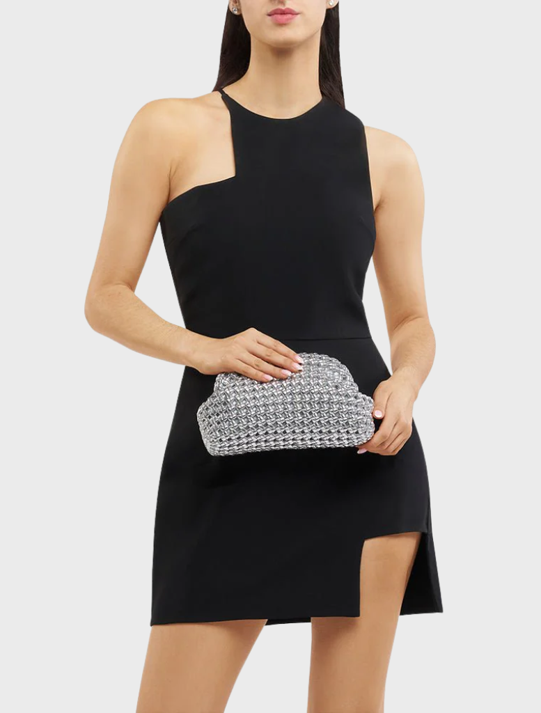 A sleek silver clutch bag with a unique chain pattern, suitable for evening wear or special occasions.
