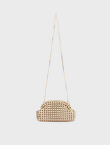 Chic gold clutch bag made from woven material, offering a sophisticated accessory for evening events and special occasions.