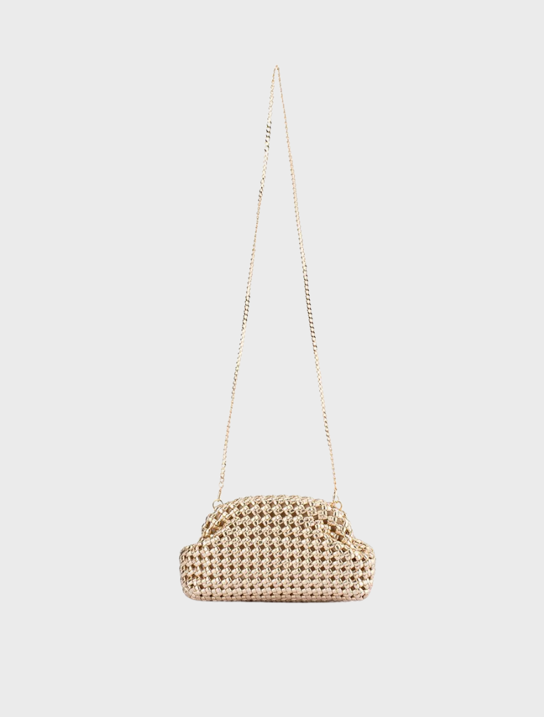 Chic gold clutch bag made from woven material, offering a sophisticated accessory for evening events and special occasions.