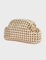 Gold woven clutch bag designed with a textured weave, combining elegance and functionality for fashionable outings.