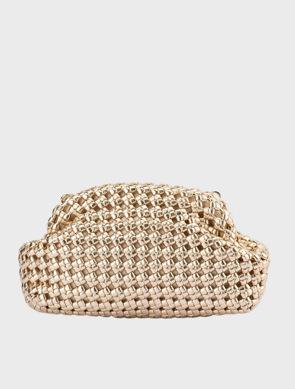 Gold woven clutch bag crafted from intricate woven material, showcasing a stylish and elegant design.