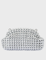 A silver clutch bag featuring an elegant chain design, perfect for formal occasions or evening events.