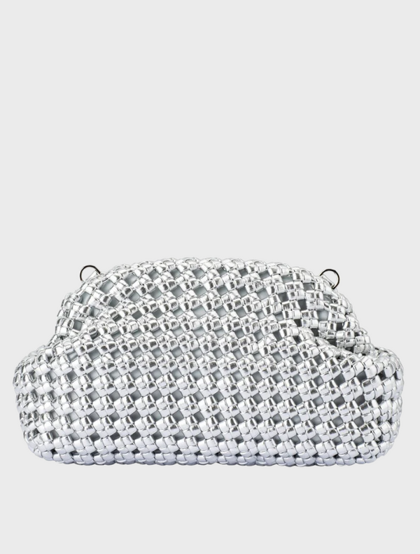 A silver clutch bag featuring an elegant chain design, perfect for formal occasions or evening events.