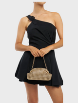 Stylish gold woven clutch bag featuring a unique woven texture, ideal for adding a touch of elegance to any outfit.