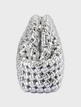 A chic silver clutch bag showcasing a fashionable chain design, perfect for complementing formal attire.
