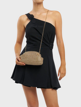 Elegant gold clutch bag made from intricately woven material, perfect for formal occasions and stylish outings.
