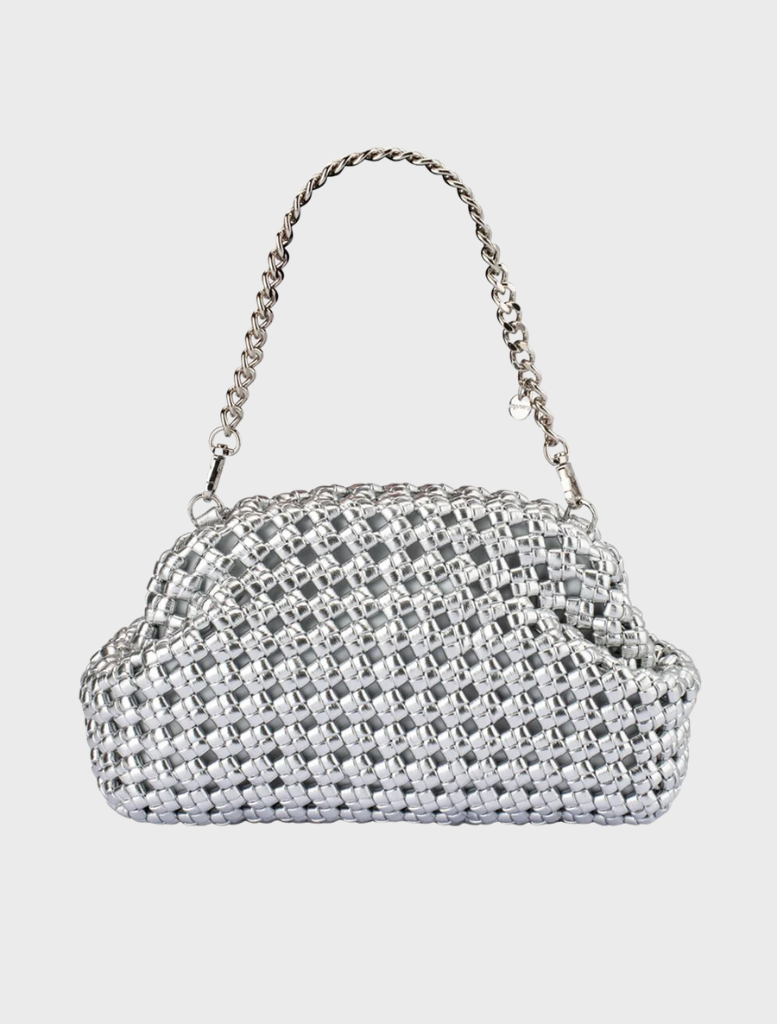 A stylish silver clutch bag adorned with a distinctive chain design, ideal for adding flair to any outfit.